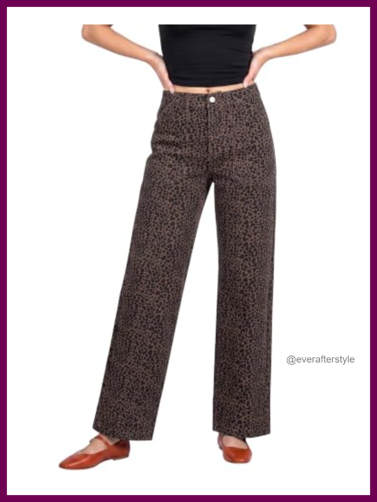 Womens High Waisted Wide Leg Leopard Print Jeans Stretchy Denim